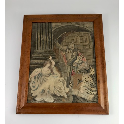 42 - BERLIN WOOL WORK PICTURE DEPICTING A KNIGHT A MAIDEN AND A KING IN A MAPLE FRAME