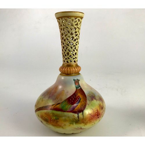 97 - ROYAL WORCESTER LOCKE & CO VASE, DECORATED PHEASANT, SIG W STINTON, APPROX 14 CM TALL, PIERCED TOP, ... 