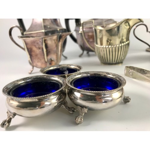 341 - MISC. SILVER AND PLATED WARE INCLUDING 4 PIECE SILVER PLATED TEA SET, 3 SILVER PLATED WALKER AND HAL... 