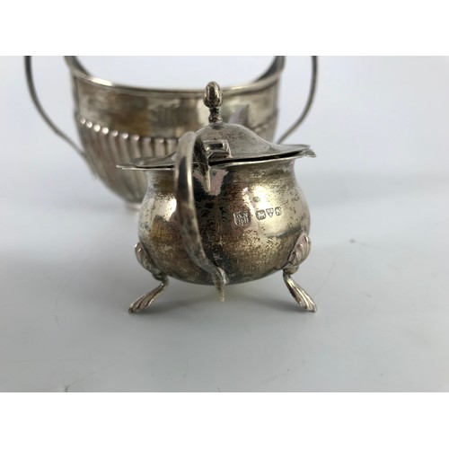 370 - MISC. SILVER INCLUDING SILVER BACKED HAND MIRROR, FLUTED SILVER SUGAR BOWL AND A SILVER MUSTARD POT ... 