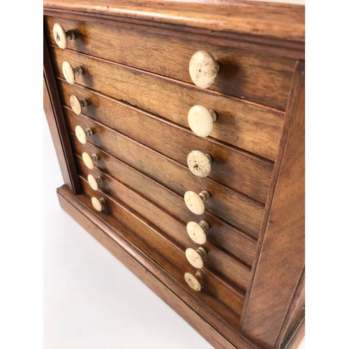 229 - TABLE TOP MINIATURE WELLINGTON CHEST COLLECTORS CABINET WITH TURNED IVORY HANDLES