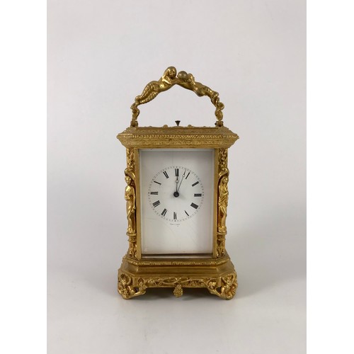 293 - JULES OF PARIS 19TH CENTURY FRENCH ORMOLOU REPEATING CARRIAGE CLOCK IN CAST CASE WITH MERMAID HANDLE... 