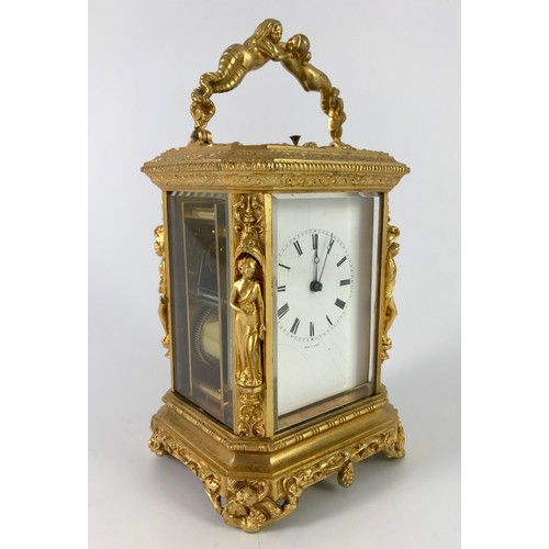 293 - JULES OF PARIS 19TH CENTURY FRENCH ORMOLOU REPEATING CARRIAGE CLOCK IN CAST CASE WITH MERMAID HANDLE... 