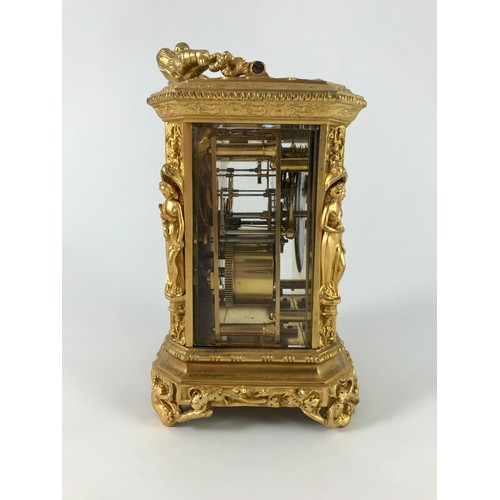 293 - JULES OF PARIS 19TH CENTURY FRENCH ORMOLOU REPEATING CARRIAGE CLOCK IN CAST CASE WITH MERMAID HANDLE... 