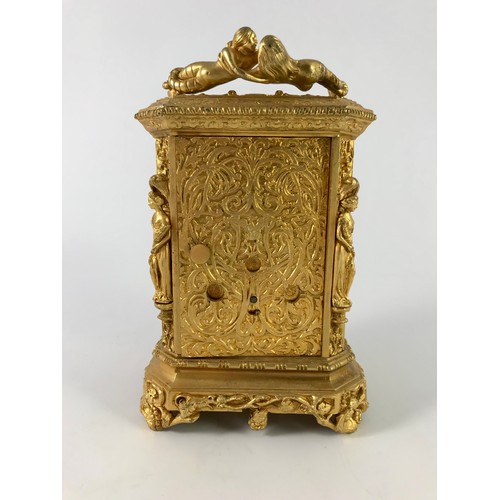 293 - JULES OF PARIS 19TH CENTURY FRENCH ORMOLOU REPEATING CARRIAGE CLOCK IN CAST CASE WITH MERMAID HANDLE... 