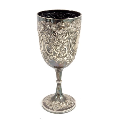 401 - SILVER PRESENTATION CUP WITH EMBOSSED FLORAL DECORATION AND BLANK CARTOUCHES APPROX. 284g