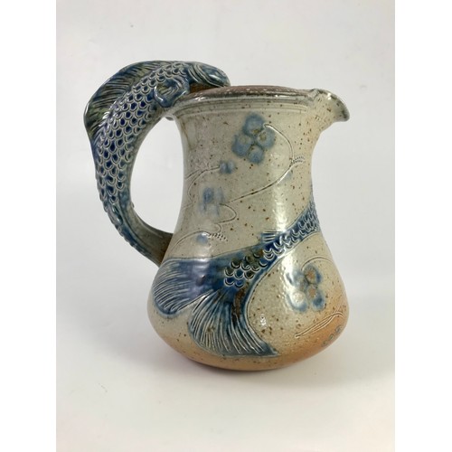 117 - TOFF MILWAY (BRITISH BORN 1949) BLUE SALT GLAZED TANKARD WITH FISH HANDLE AND FISH DECORATION TOGETH... 