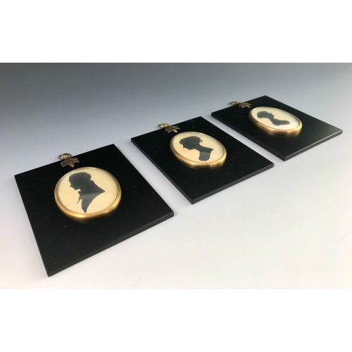 15 - 3 FRAMED MINIATURE SILHOUETTES TOGETHER WITH AN UNUSUAL MIRROR WITH PRESENTATION INSCRIPTION POSSIBL... 