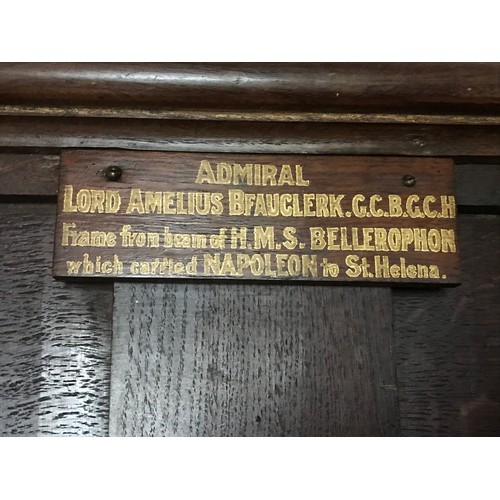 228 - OAK PANELLING AND FIRE SURROUND WITH CARVED DETAIL LABELLED 'ADMIRAL LORD AMELIUS BEAUCLERK C C B G ... 