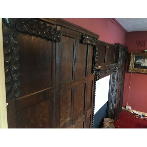 228 - OAK PANELLING AND FIRE SURROUND WITH CARVED DETAIL LABELLED 'ADMIRAL LORD AMELIUS BEAUCLERK C C B G ... 