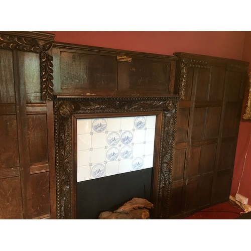 228 - OAK PANELLING AND FIRE SURROUND WITH CARVED DETAIL LABELLED 'ADMIRAL LORD AMELIUS BEAUCLERK C C B G ... 