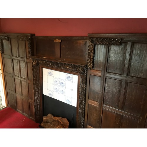 228 - OAK PANELLING AND FIRE SURROUND WITH CARVED DETAIL LABELLED 'ADMIRAL LORD AMELIUS BEAUCLERK C C B G ... 