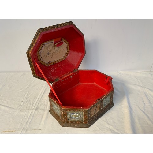 219 - OCTAGONAL LIDDED PAPIER MACHE WORK BOX WITH PANELS AND DECORATIVE DESIGN A/F