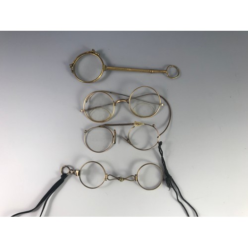 302 - VARIOUS OLD SPECTACLES AND PAIR OF YELLOW METAL LORGNETTES