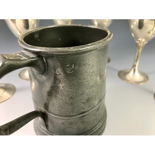 358 - INDIAN WHITE METAL GOBLETS, OLD PEWTER TANKARD WITH INSCRIPTION TOGETHER WITH QUANTITY PLATED FLATWA... 