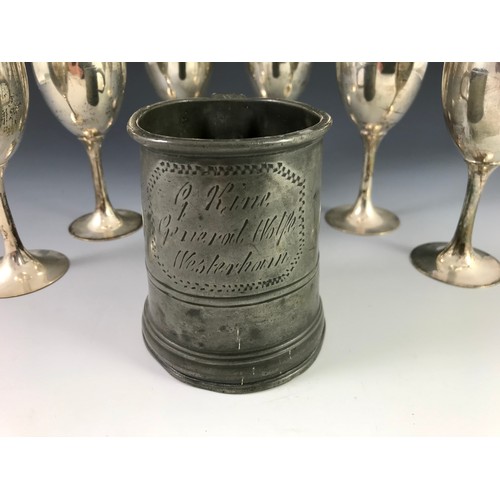 358 - INDIAN WHITE METAL GOBLETS, OLD PEWTER TANKARD WITH INSCRIPTION TOGETHER WITH QUANTITY PLATED FLATWA... 