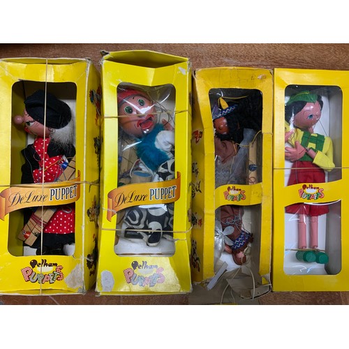 35 - PELHAM PUPPETS IN THEIR ORIGINAL BOXES, OLD LADY AND WITCH (BOTH DELUXE) TYROLEAN BOY AND INDIAN BOY... 