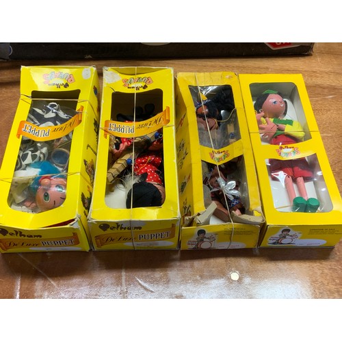 35 - PELHAM PUPPETS IN THEIR ORIGINAL BOXES, OLD LADY AND WITCH (BOTH DELUXE) TYROLEAN BOY AND INDIAN BOY... 