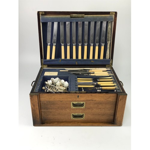 329 - MAHOGANY CANTEEN OF CUTLERY AND MISC. CONTENTS ON STAND TOGETHER WITH CASED FISH SET