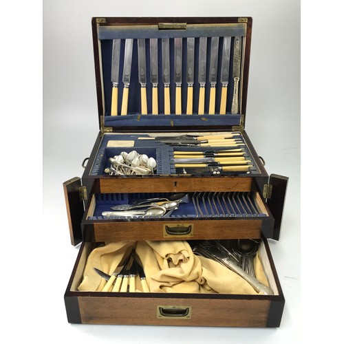 329 - MAHOGANY CANTEEN OF CUTLERY AND MISC. CONTENTS ON STAND TOGETHER WITH CASED FISH SET