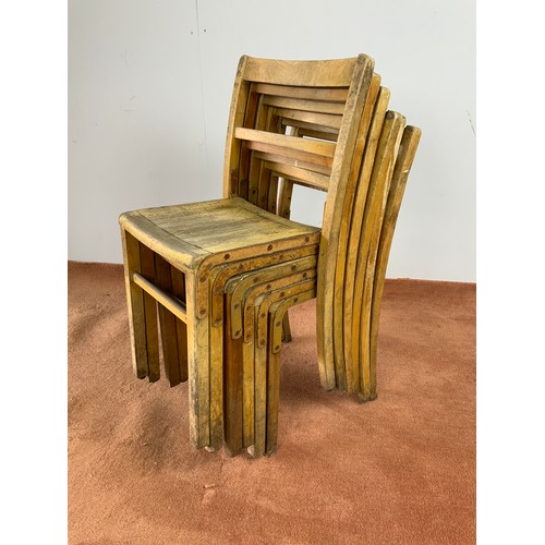 458 - 6 VINTAGE KINGFISHER BIRMINGHAM STACKING SCHOOL /  HALL CHAIRS