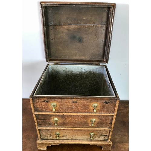 471 - OAK COAL SCUTTLE DISGUISED AS A MINIATURE CHEST OF 3 DRAWERS WITH DROP HANDLES ON BRACKET FEET