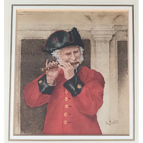 1 - SMALL WATERCOLOUR DEPICTING MAN IN MILITARY UNIFORM PLAYING A PICCOLO, LABELLED HUBERT HERKOMER 1849... 