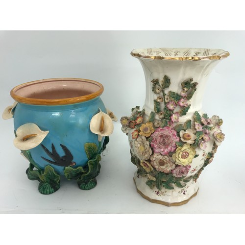 156 - MAJOLICA JARDINERE WITH APPLIED LILY DECORATION TOGETHER WITH FLOWER ENCRUSTED VASE, BOTH AF