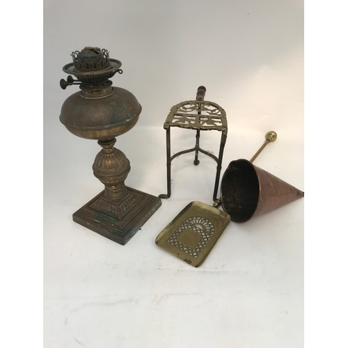 325 - TRIVET, FUNNEL, CHESTNUT ROASTING SHOVEL, BRASS OIL LAMP BASE