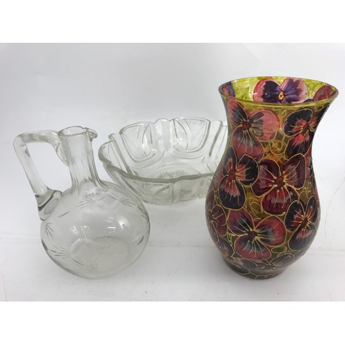 98 - CUT GLASS BOWL AND CUT GLASS JUG TOGETHER WITH A VASE WITH ENAMELLED DECORATION