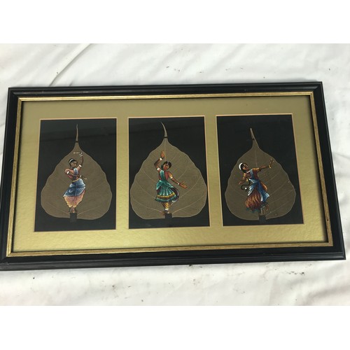 43 - FRAMED PAINTING ON LEAVES AN EASTERN PICTURE AND AN ORIENTAL PEACOCK PICTURE