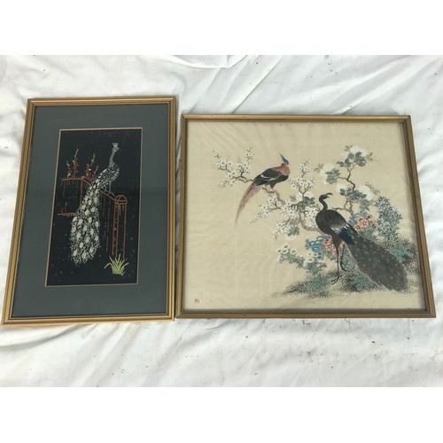 43 - FRAMED PAINTING ON LEAVES AN EASTERN PICTURE AND AN ORIENTAL PEACOCK PICTURE