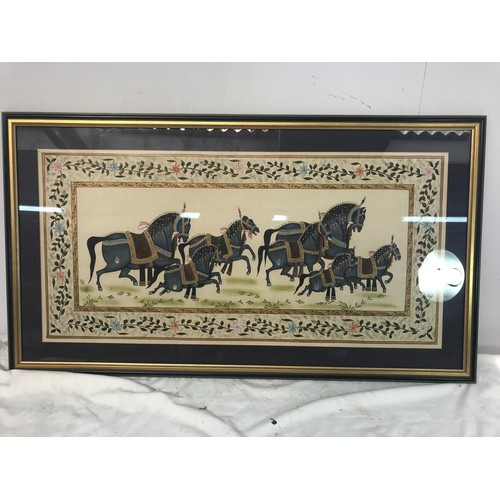 41 - FRAMED ORIENTAL PICTURE HORSES AND ONE OTHER HORSE PICTURE IN ORNATE FRAME AND ONE OTHER DEPICTING A... 