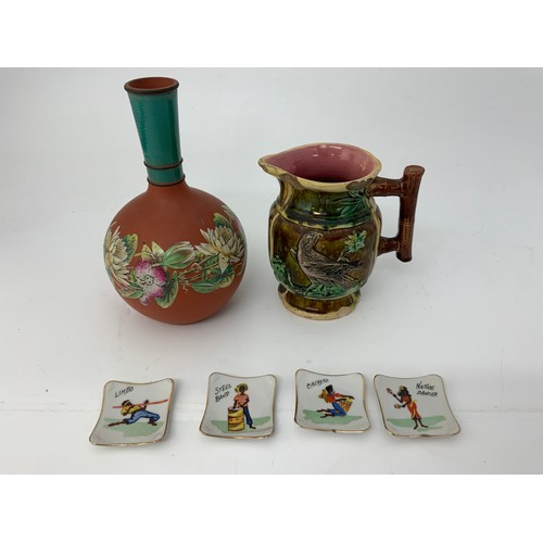 165 - VASE, MAJOLICA JUG AND KITSCH DISHES