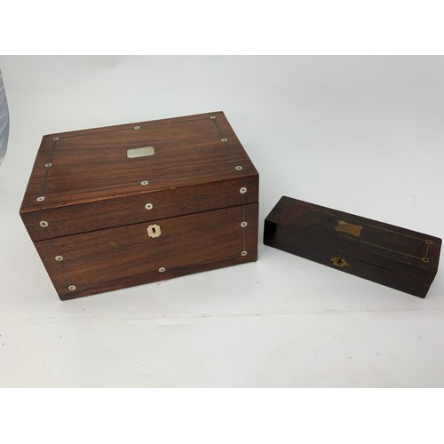 393 - ROSEWOOD TRAVEL CASE WITH FITTED INTERIOR T/W ROSEWOOD PEN BOX