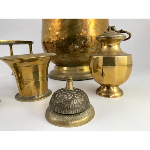 331 - MISC. COPPER AND BRASSWARE INCLUDING COAL SCUTTLE, TRIVET, URN, CANDLESTICKS ETC.