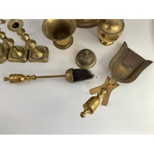 331 - MISC. COPPER AND BRASSWARE INCLUDING COAL SCUTTLE, TRIVET, URN, CANDLESTICKS ETC.