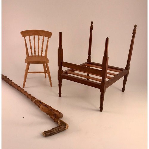 403 - POSSIBLY AN APPRENTICE PIECE, 4 POSTER BED AND A MINIATURE CHAIR TOGETHER WITH 2 STICKS