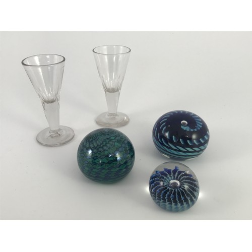 117 - 2 EARLY DRINKING GLASSES TOGETHER WITH 3 MODERN PAPERWEIGHTS