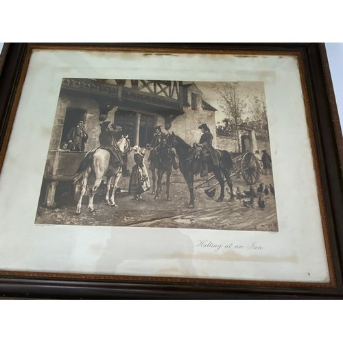 35 - 2 FRAMED E MEISSONIER PRINTS SOLDIERS GAMBLING AND HALTING AT AN INN