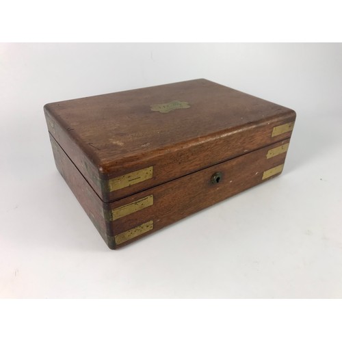 397 - OAK WRITING BOX WITH BRASS FITTINGS BY THOMAS WOOLFIELD