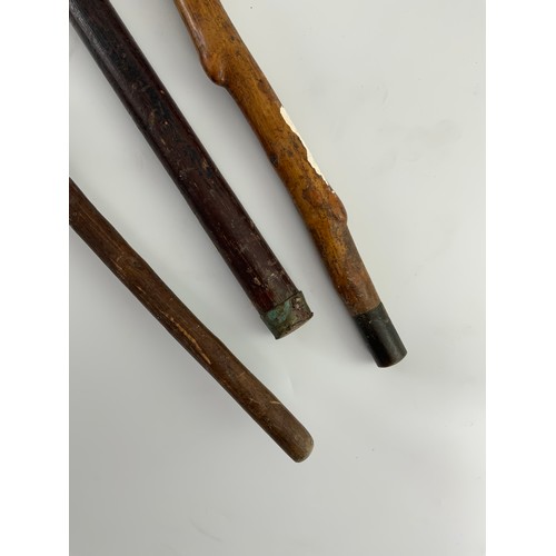 409 - OAK GALLERIED TRAY AND 3 WALKING STICKS