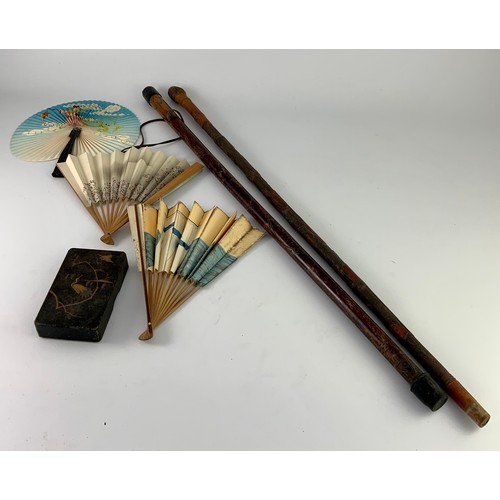 458 - 2 CARVED ORIENTAL STICKS, 3 MODERN FANS AND LACQUERED BOX