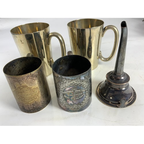 519 - SILVER PLATED WARE ETC, INC WINE FUNNEL, 1891 FISHPOND TANKARDS ETC.