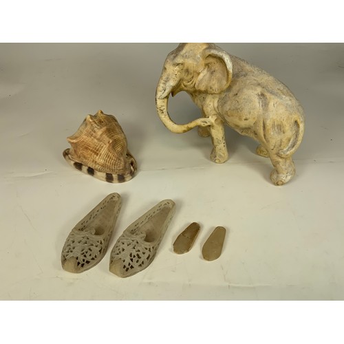 423 - 2 PAIRS CARVED STONE SHOES, SHELL & ELEPHANT