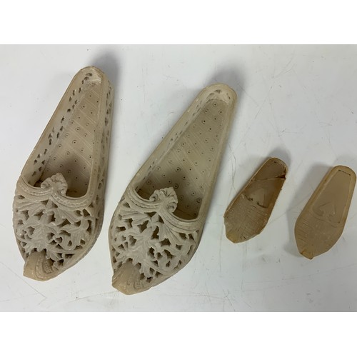 423 - 2 PAIRS CARVED STONE SHOES, SHELL & ELEPHANT