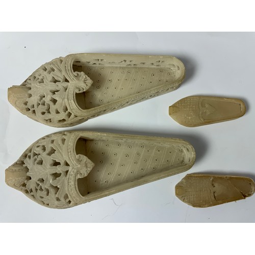 423 - 2 PAIRS CARVED STONE SHOES, SHELL & ELEPHANT