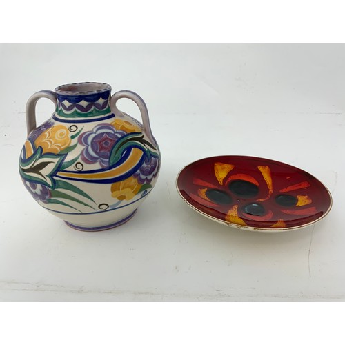 180 - POOLE POTTERY 2 HANDLED VASE AND A BOWL, vase approx. 17 cm high