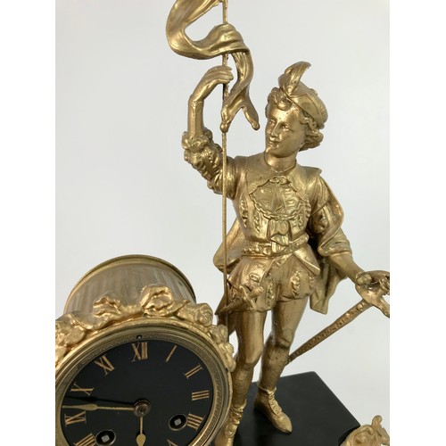 280 - CONTINENTAL BLACK MARBLE AND ORMOLU MANTLE CLOCK MOUNTED WITH A FIGURE OF A KNIGHT BEARING A STANDAR... 