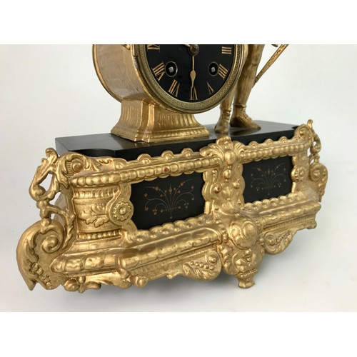 280 - CONTINENTAL BLACK MARBLE AND ORMOLU MANTLE CLOCK MOUNTED WITH A FIGURE OF A KNIGHT BEARING A STANDAR... 